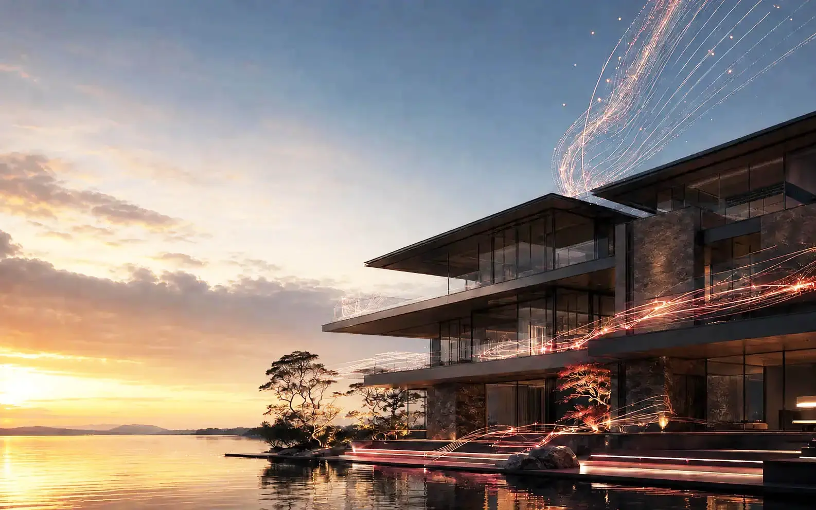 Residencia de lujo integrada con flujos visuales de inteligencia artificial, desde el atardecer hasta la noche